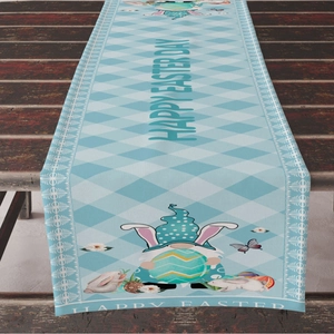 Happy Easter table runner with argyle pattern and festive gnome on a vintage wood table
