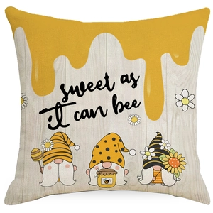 Linen sunflower and bee gnomes throw pillow cover with Sweet As It Can Bee print