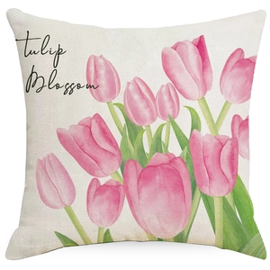 Pink tulip flower linen throw pillow cover with watercolor floral art for spring sofa decor