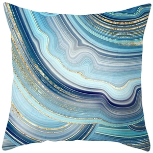 Modern square pillow with blue marble texture and gold glitter lines for home sofa decor