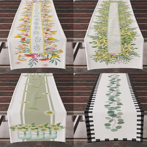 Pastoral Linen Polyester Table Runner Spring Floral Botanical Print Heat Resistant Cloth For Dining Table Home Decor
