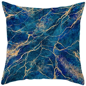 Blue marble throw pillow cover with golden abstract vein patterns for home decor