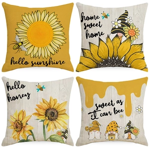 Sunflower Bee Gnome Linen Decorative Pillowcase Rustic Wood Grain Cushion Cover For Sofa Living Room Farmhouse Home Decor