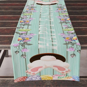 Mint green Happy Easter table runner with bunny and eggs on rustic wood table