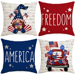 American Independence Day Decorative Linen Pillow Case Square Patriotic USA Flag Gnome Truck Cushion Cover For Home Sofa