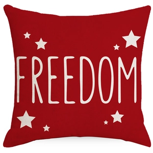USA Independence Day pillow cover with red freedom lettering and white stars
