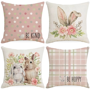 Easter Pink Linen Throw Pillow Cover For Couch Sofa Decorative Cushion Case With Rabbit Flower Pattern Pink Plaid Polka Dot Home Decor