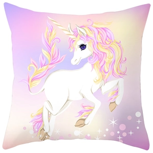 Detailed pattern of a cute cartoon unicorn with pink mane on peach skin fabric