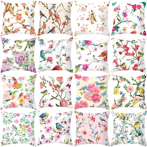 Spring Flower Bird Pattern Peach Skin Polyester Pillowcase Decorative Square Cushion Cover For Sofa Living Room Bedding Home Decor
