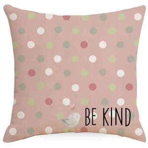 Pink linen Easter pillow case with colorful dots, bird illustration and BE KIND slogan
