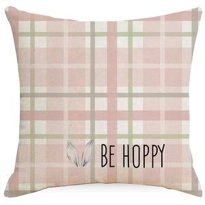 Pink plaid Easter linen throw pillow cover with bunny ears and BE HOPPY print