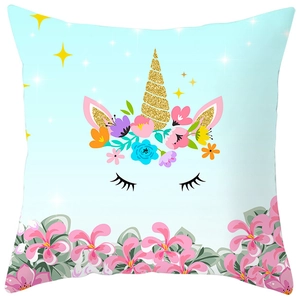 Macro detail of cartoon unicorn print on soft peach skin fabric square pillowcase