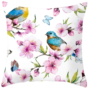 Detailed view of peach skin fabric pillowcase featuring watercolor birds and cherry blossoms