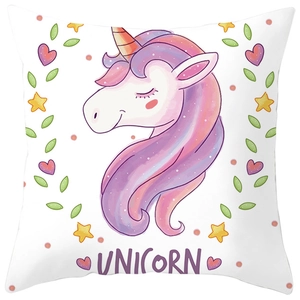 Close-up of pink unicorn print on white polyester peach skin decorative pillowcase