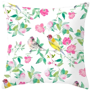 Detailed close-up of bird and pink flower watercolor print on peach skin pillowcase