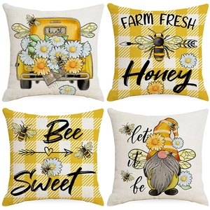 Taies d'Oreiller Décoratives Abeille Tournesol de Printemps Look Lin Polyester Motif Gingham Buffalo Check Bee Sweet Style Nordique Housses de Coussin Carrées pour Salon