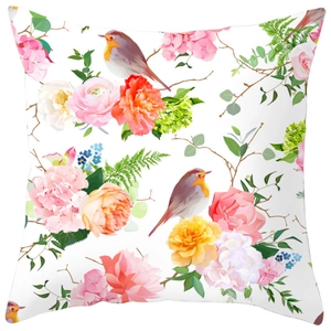 Detail view of peach skin pillowcase with vibrant floral rose and bird print patterns