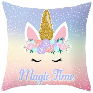 Unicorn peach skin pillowcase with Magic Time print and floral crown on pink background