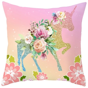Unicorn print throw pillow cover with flowers and glitter effect on pink gradient background