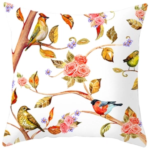 Peach skin pillow cover with watercolor birds and flowers print for spring home decor