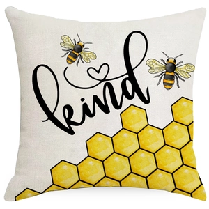 Housse de coussin en lin avec motif abeille et texte Kind sur fond blanc épuré