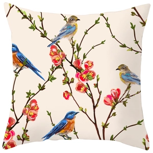 Square peach skin pillowcase with floral bird print for spring garden home decor