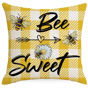 Housse de coussin Bee Sweet à carreaux jaunes avec motif abeilles et fleurs de marguerite