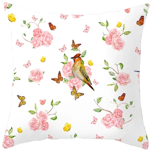 Floral peach skin pillow case featuring vibrant bird, pink roses and butterflies on white