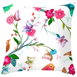 Floral peach skin pillowcase with birds and butterflies print for home sofa decor