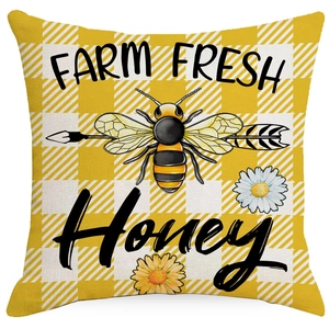 Housse de coussin style champêtre à carreaux avec motif abeille et texte Farm Fresh