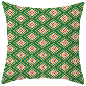 Boho-Kissenbezug mit bunten geometrischen Stammesmustern auf grünem Pfirsichhaut-Stoff