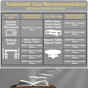 Size recommendation chart for American retro green tablecloths across various table types