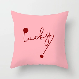 Close-up of pink decorative pillowcase with dark red lucky lettering for modern home decor