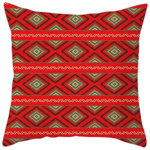 Böhmischer Kissenbezug mit geometrischem Muster in Rot und Stammes-Stil