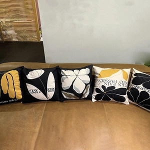Modern black and yellow floral cotton linen pillow covers for sofa decor set of five