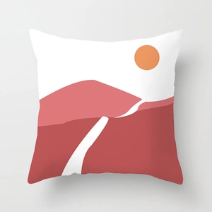 Nordic minimalist square throw pillow cover with abstract sun and mountain landscape print