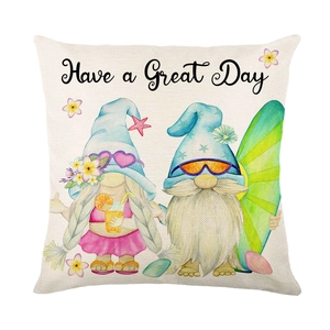 Linen square pillowcase featuring summer beach gnomes and Have a Great Day print