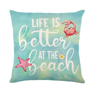 Linen starfish and crab pillow cover with Life is Better at the Beach text