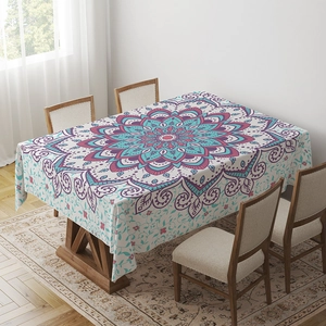 Detailed top view of a rectangle bohemian mandala tablecloth on a wooden table