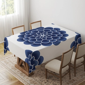 Blue mandala floral printed tablecloth in ethnic style on wooden dining table