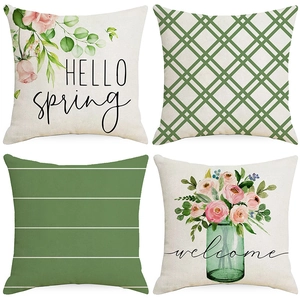 Taie d'Oreiller en Poliester à Imprimé Géométrique Floral Vert de Printemps Moderne Minimaliste pour Canapé de Salon Décoration Maison