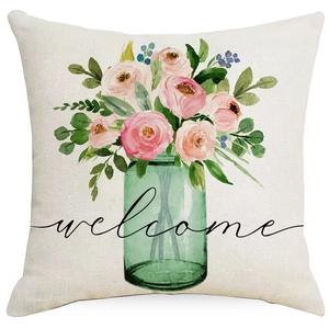Housse de coussin en lin avec roses aquarelles et texte welcome pour canapé