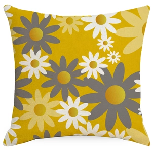 Linen cushion cover with yellow background and white daisy floral print for sofa decor