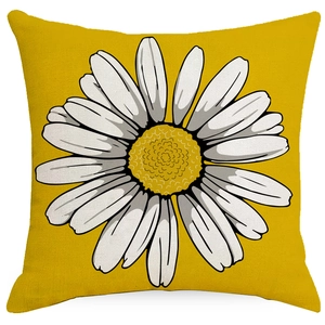 Yellow linen throw pillow cover featuring a large white daisy flower print for home sofa decor
