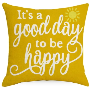 Yellow linen sunflower pillow case with It's a good day to be happy quote print