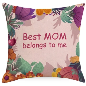 Linen Mother's Day pillow cover with pink floral border and Best MOM belongs to me text