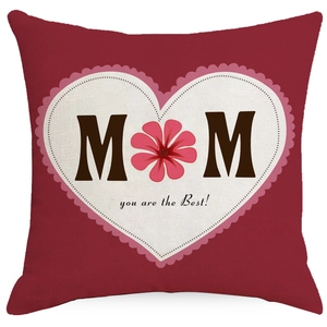 Linen Mother's Day pillow cover with pink heart and 'MOM you are the Best' print