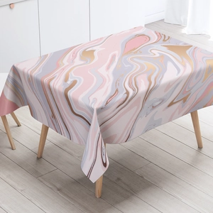 Macro view of modern marble pattern tablecloth with fluid pink and gold lines