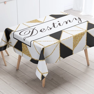 Detail of Nordic marble pattern tablecloth with gold glitter geometric design and Destiny text