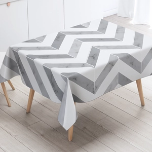 Nordic marble pattern tablecloth with grey chevron design on white rectangular table